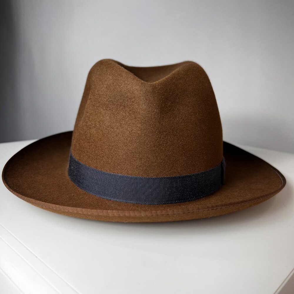 BORSALINO Vintage Brown Fedora Hat with silk ribbon-bound trim, made in Italy